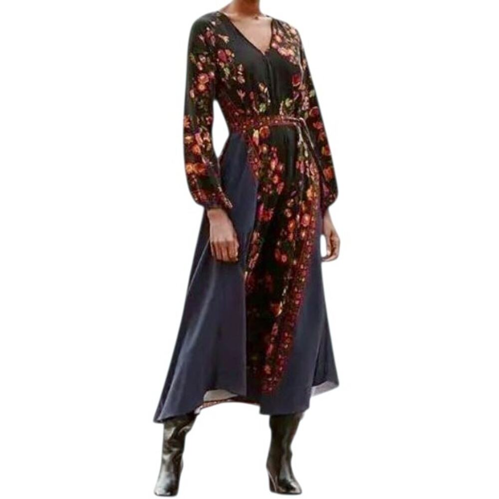 MES DEMOISELLES Digitale floral silk kaftan boho midi dress blue black Size 34 2 - Picture 7 of 7